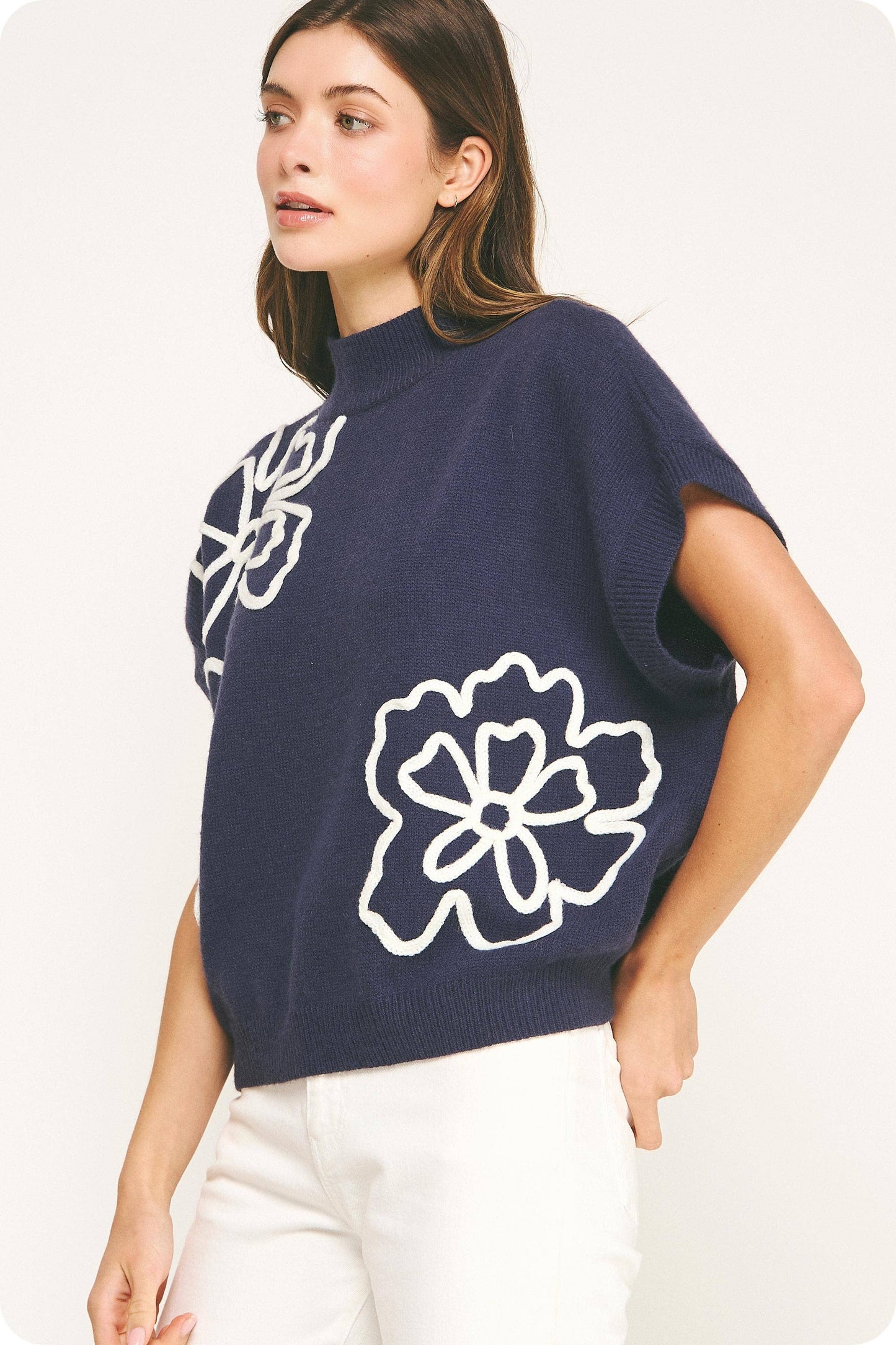 Claire Floral Embroidered Knit Top: Pink