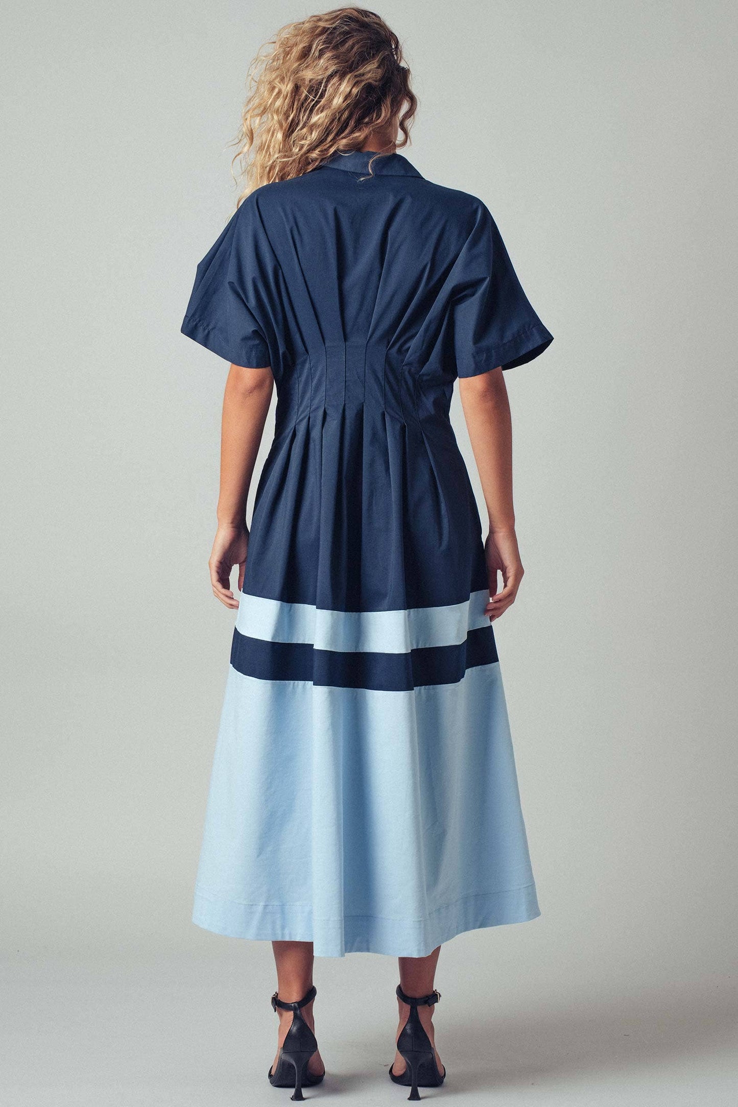 Colorblock Button-Up Cotton Midi Dress: CAMEL / S-2/M-2/L-2