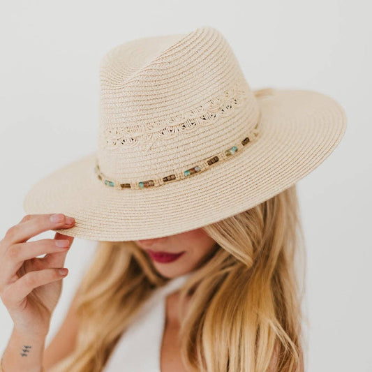 Isabella Woven Beaded Band Straw Sun Hat: Beige