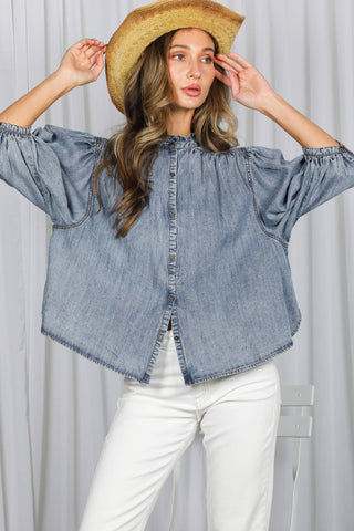 Ruffle Neck 100% Tencel Chambray Washed Denim Shirt VT83327: Washed Denim / S