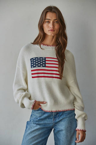 W2411 | Knit Sweater Crew American Flag Pullover: Off White / S