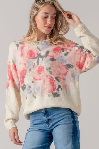 Oversized Floral Print Soft Knit Sweater: CREAM MULTI / SM-ML (3-3)