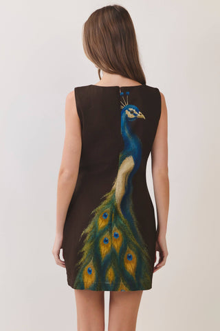 CD07499-Peacock Print Mini Dress: CHOCOLATE / M