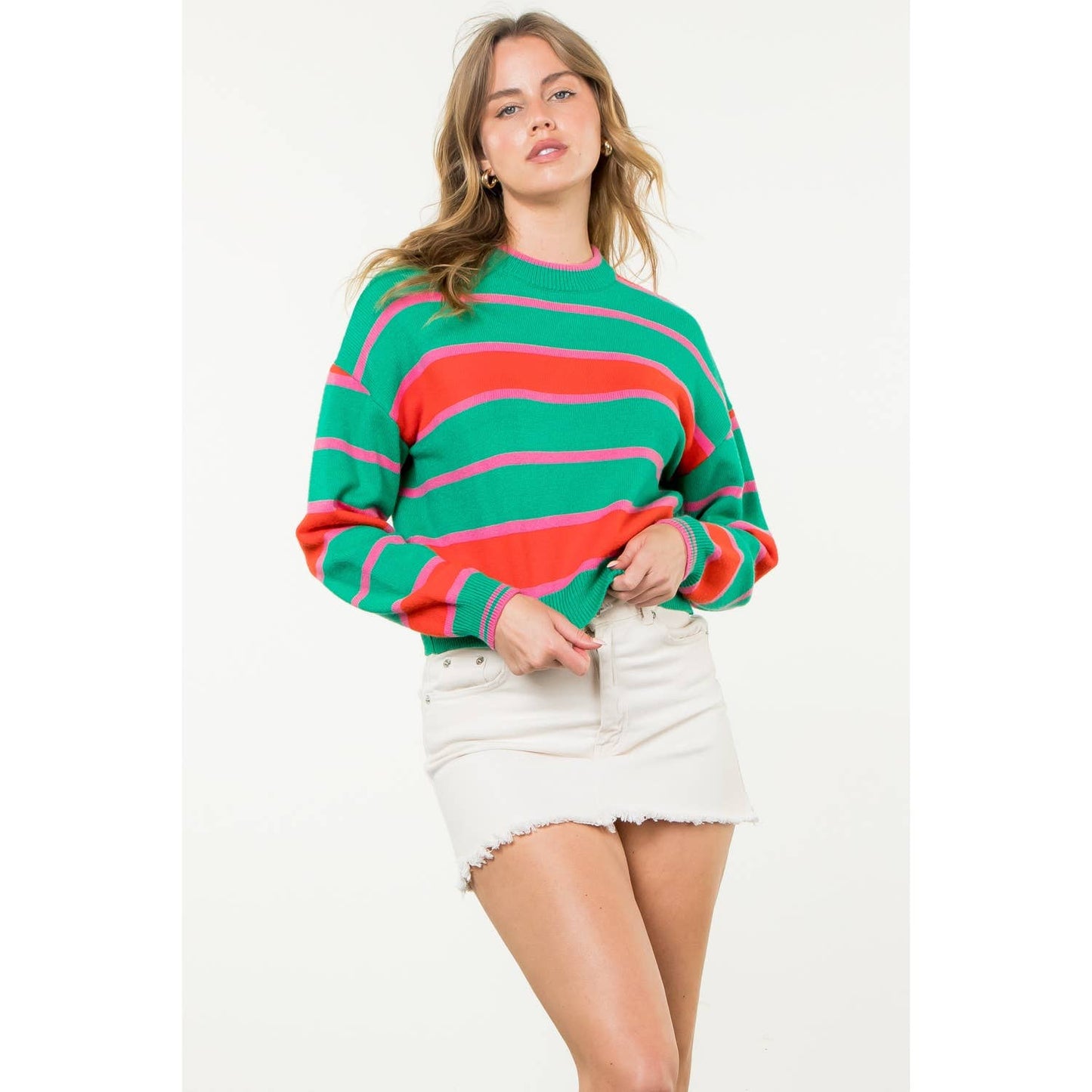 Striped Pattern Knit Sweater: GREEN