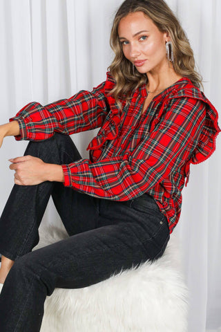 Madison Lace Trim Ruffle Accent Plaid Blouse