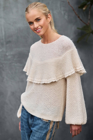 Ruffle Yoke Blouson Sleeve Knit Sweater: NATURAL / S-M-L:2-2-2