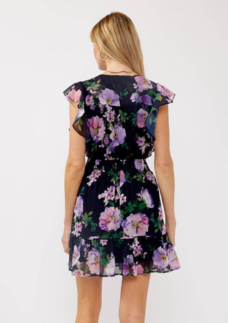 Floral Lace Flutter Sleeve Mini Dress: Navy/Lilac