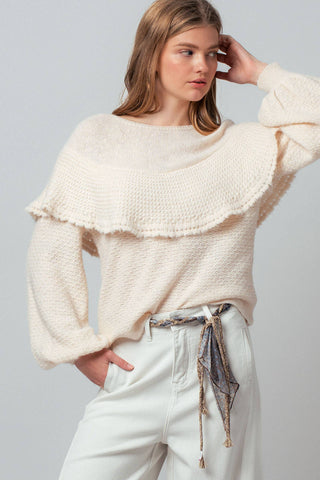 Ruffle Yoke Blouson Sleeve Knit Sweater: NATURAL / S-M-L:2-2-2