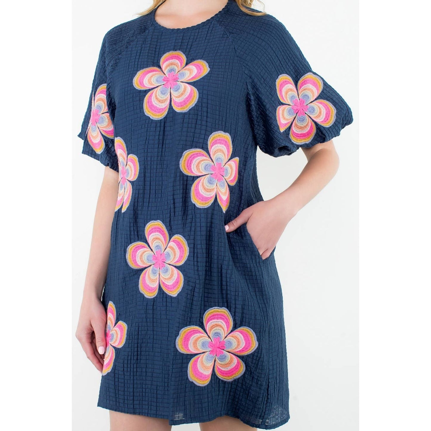Flower Embroidered Textured Dress: NAVY