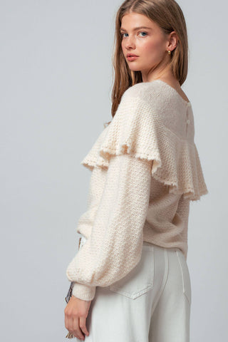 Ruffle Yoke Blouson Sleeve Knit Sweater: NATURAL / S-M-L:2-2-2