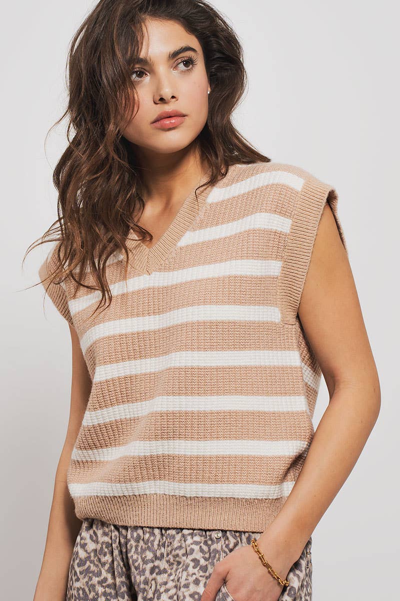 Preppy Striped V Neck Sleeveless Ribbed Knit Sweater Vest: MOCHA / S/M-3:M/L-3