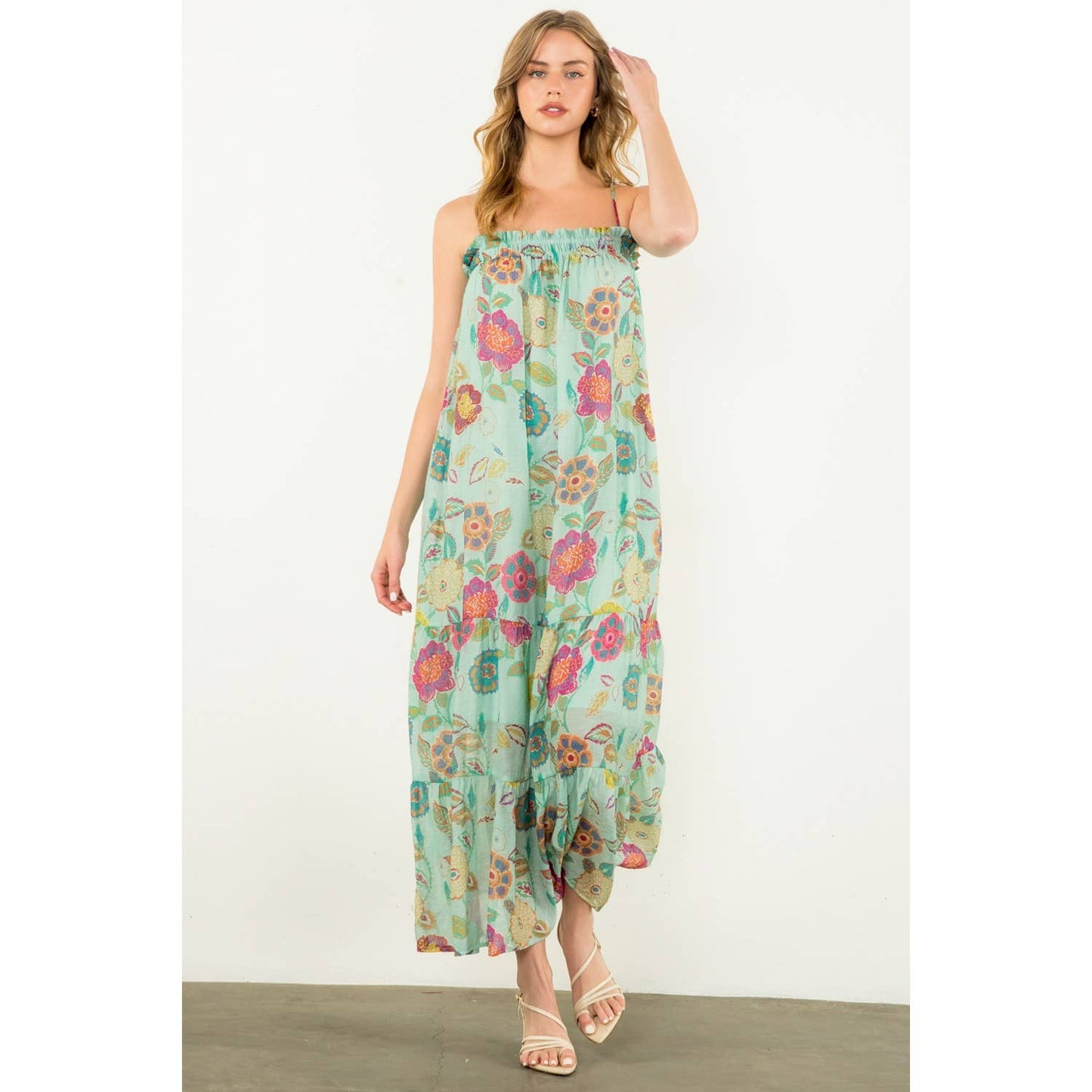 Ansley Strap Tie Floral Maxi Dress: MINT