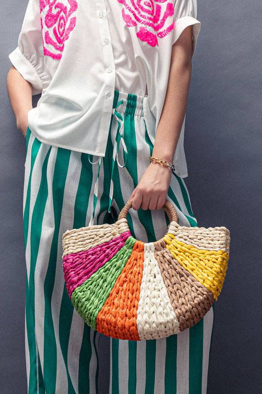 Rainbow Slice Woven Straw Tote Bag