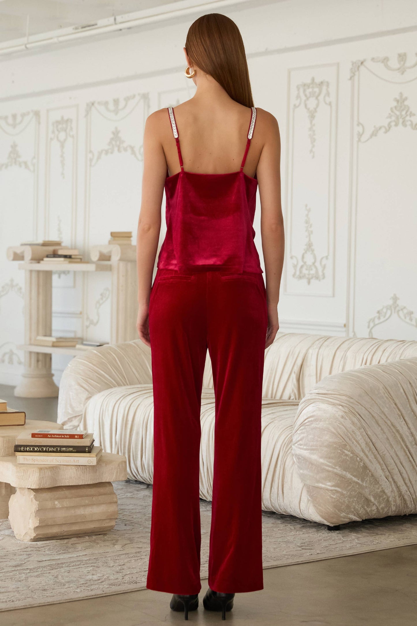 Sleeveless Embellished Strap Velvet Top: Burgundy / L