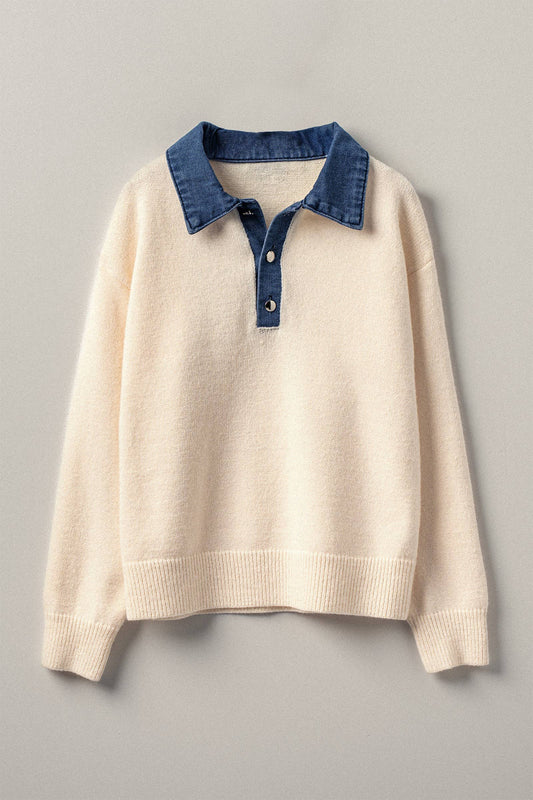 Denim Collar Contrast Button Knit Pullover: IVORY / S/M-3:M/L-3