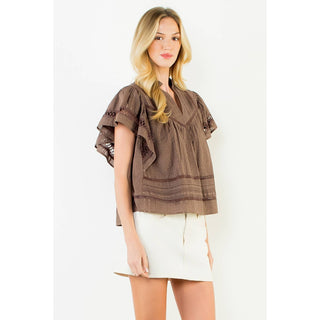 V Neck Fluttered Cut Out Top: OLIVE / XS-S-M-L(1-2-2-1)