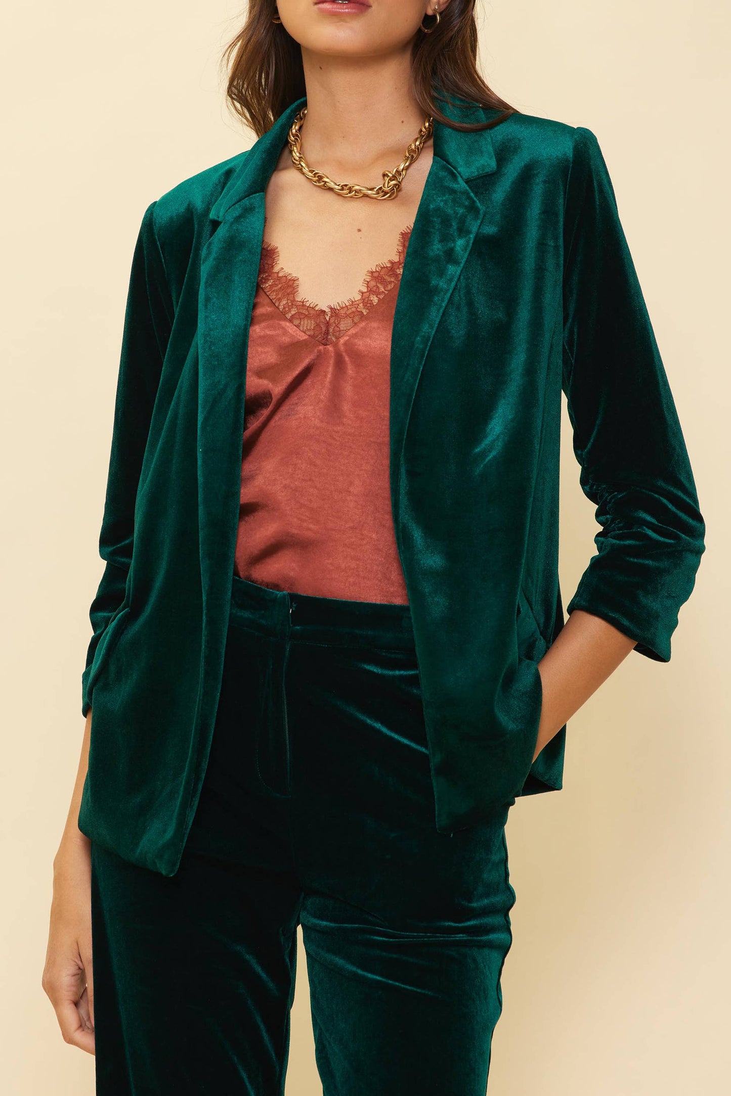 Velvet Blazer with Ruched Sleeves: Hunter Green / M