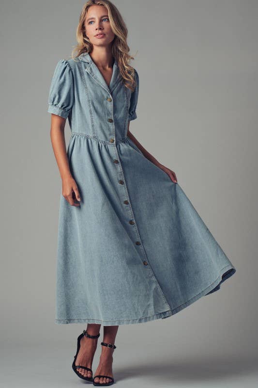 Lydia Button-Down Puff Sleeve Denim Dress
