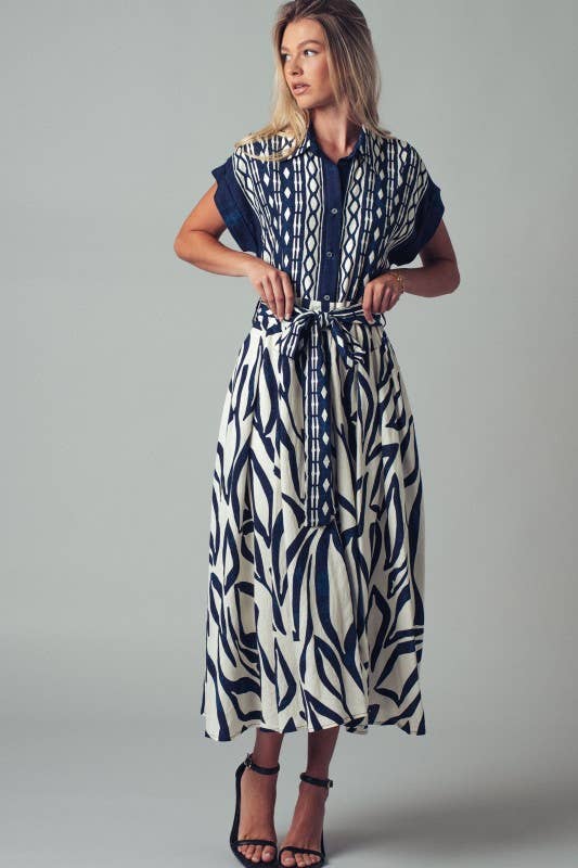 Abstract Print Button-Down Midi Dress: NAVY / S-2/M-2/L-2