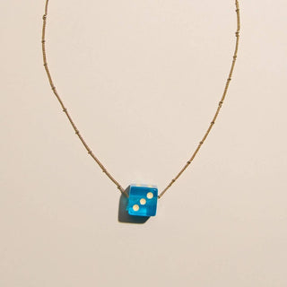 Aqua Blue Dice Charm Necklace: Gold