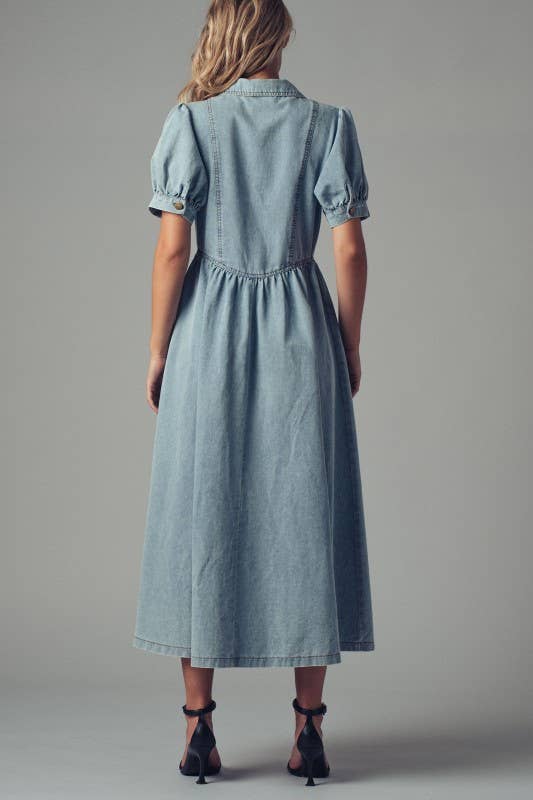 Lydia Button-Down Puff Sleeve Denim Dress