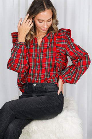 Madison Lace Trim Ruffle Accent Plaid Blouse