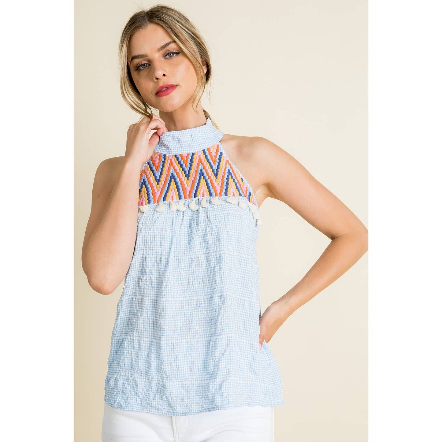 Embroidered Gingham Print Halter Top
