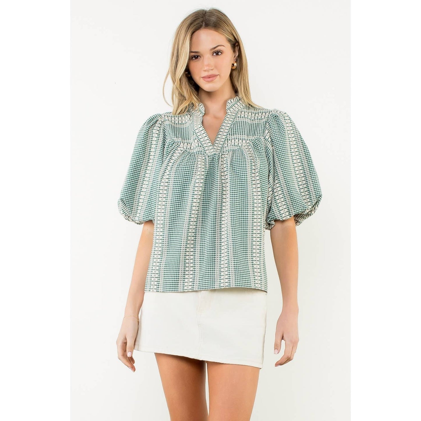 Lynn Embroidered V-Neck Puff Gingham Top: GREEN