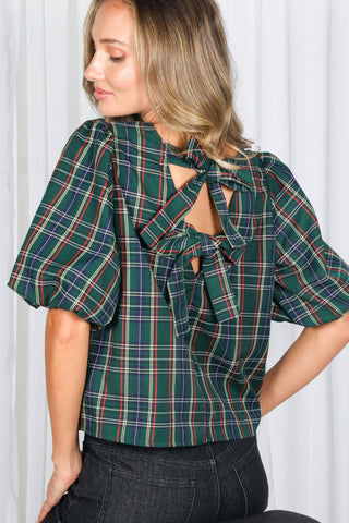 V-Back 2 Bow Accent Feminine Plaid Blouse Top VT82621A: Hunter Green / L