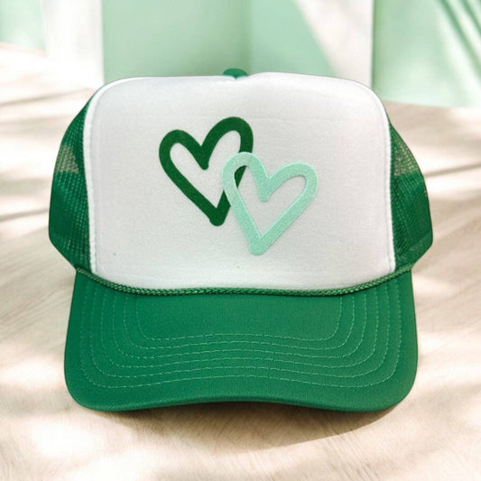 Double Heart Trucker Hat- White/Green