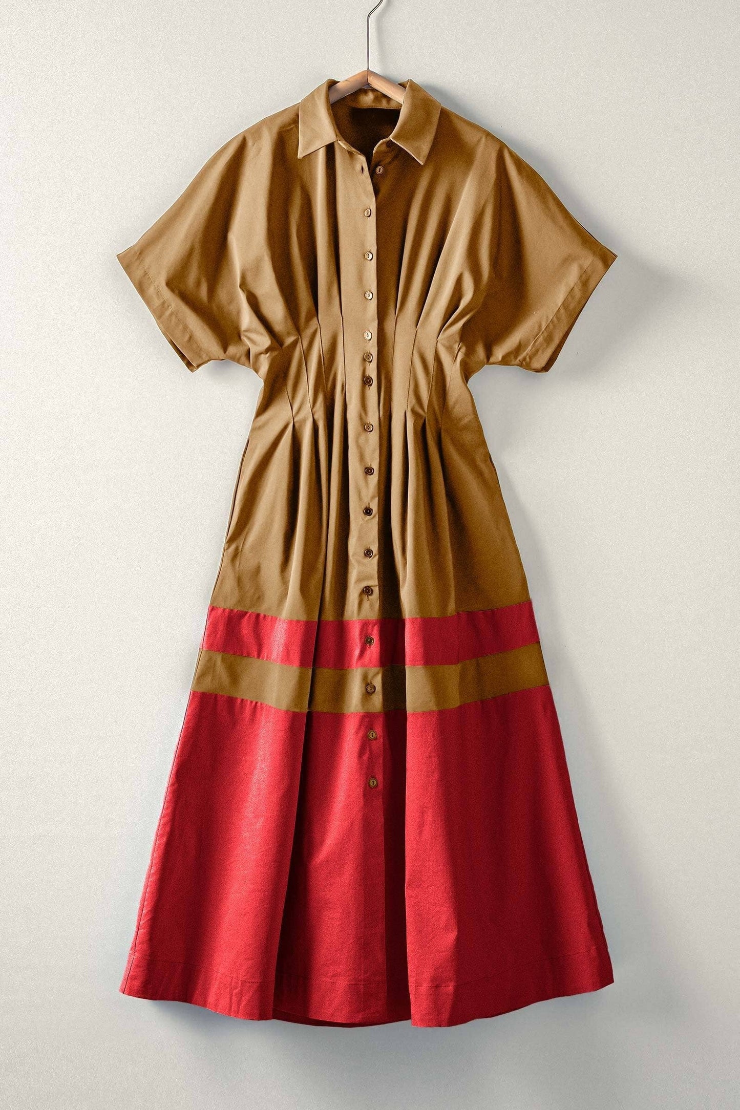 Colorblock Button-Up Cotton Midi Dress: CAMEL / S-2/M-2/L-2