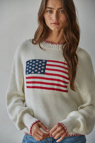 W2411 | Knit Sweater Crew American Flag Pullover: Navy / S
