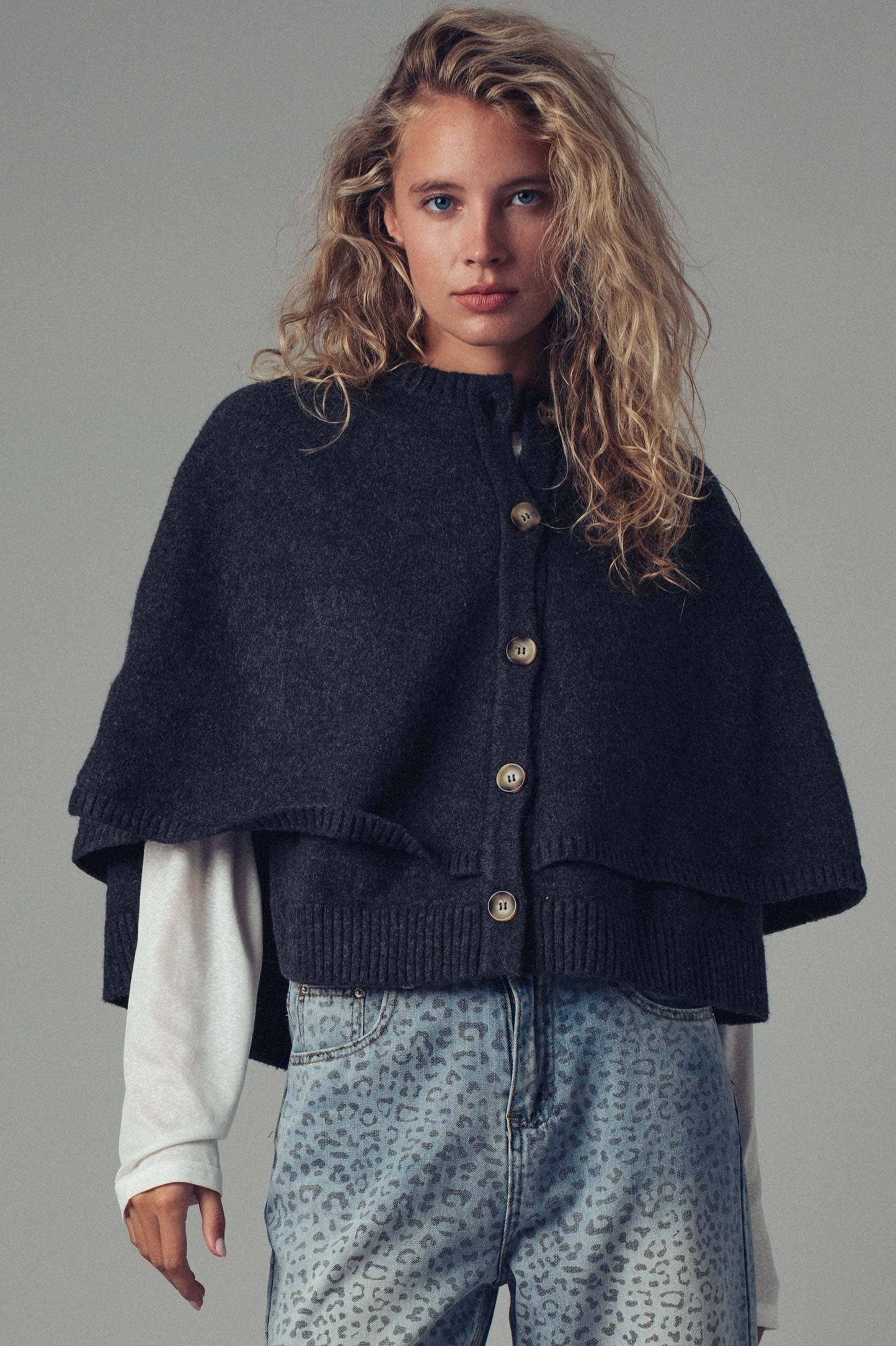 Chloe Button-Front Sweater Cape: CHARCOAL