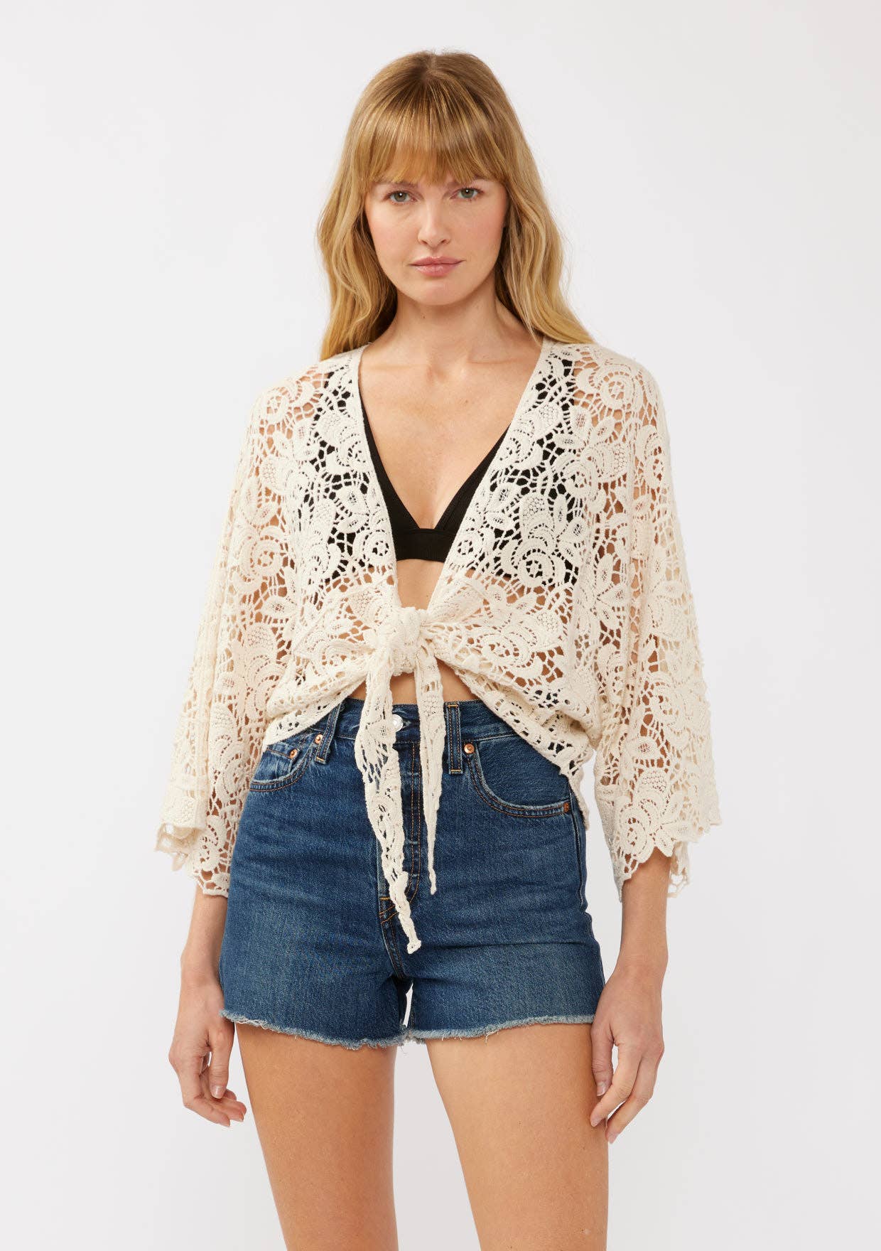 Floral Tie-Front Crochet Kimono Cover Up