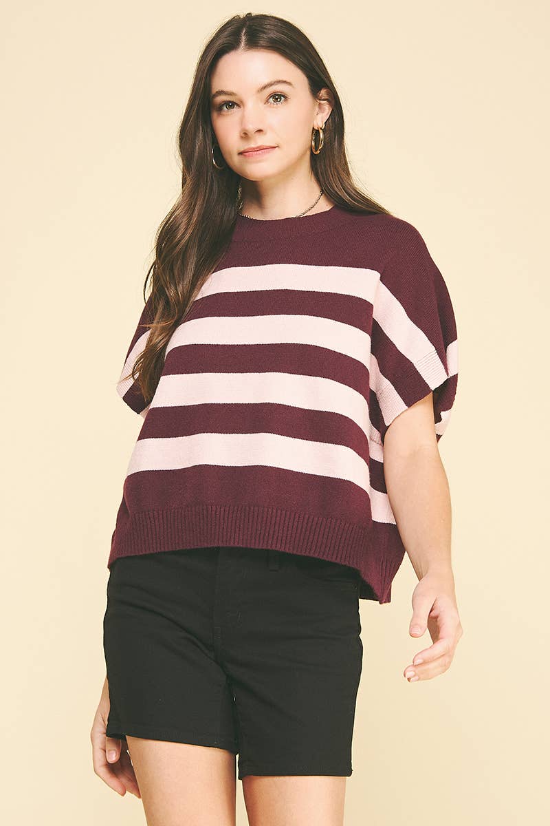 STRIPE SWEATER VEST - 4739WA: WINE/PINK / L