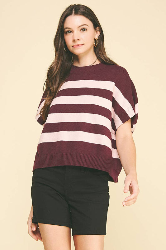 STRIPE SWEATER VEST - 4739WA: WINE/PINK / L