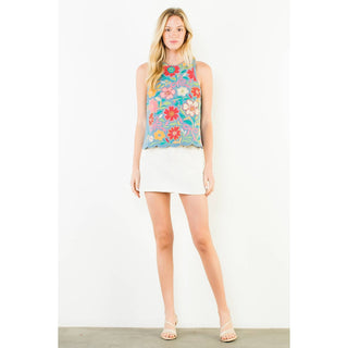 Sleeveless Denim Emb Top: LIGHT BLUE / XS-S-M-L(1-2-2-1)