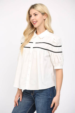 CONTRAST TAPE TRIMMED SHIRRED TOP FT25187: OFF WHITE / L