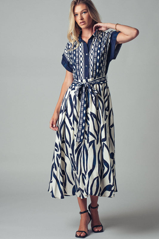 Abstract Print Button-Down Midi Dress: NAVY / S-2/M-2/L-2