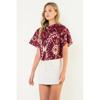 Short Sleeve Print Tie Tassel Top: PURPLE / XS-S-M-L(1-2-2-1)